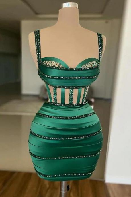 Emerald Green Satin Crystal Beading Luxury Women's Cocktail Dresses