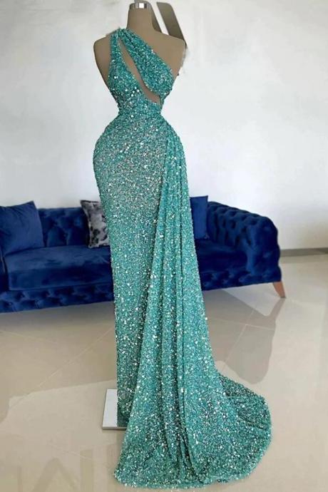 Luxury One Shoulder Mermaid Women's Sleeveless Sequins Prom Dresses