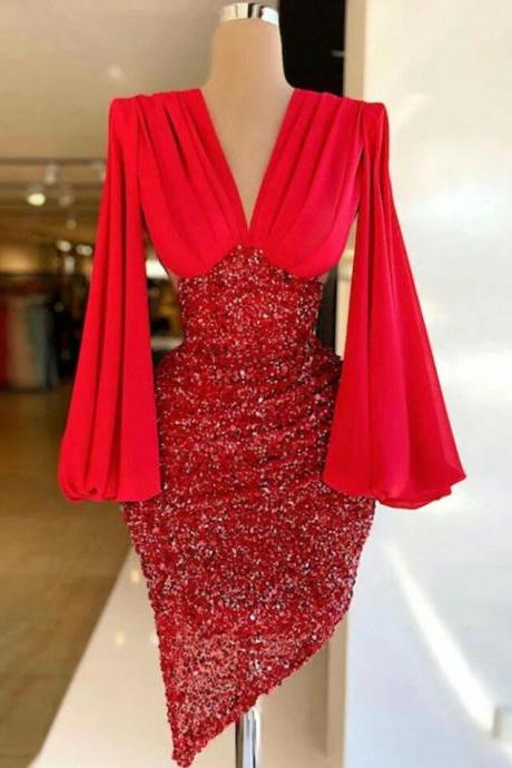 Sheath Red V-neck Full Puff Sleeves Pleat Satin Sequin Evening Party Dresses