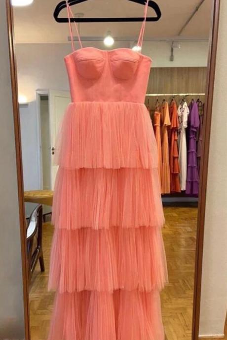A Line Tiered Tulle Prom Dresses