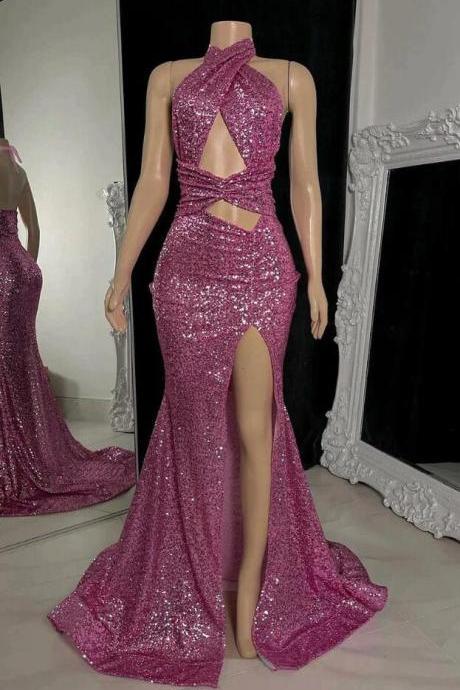 Mermaid High Neck Sequined Prom Dress With Slit