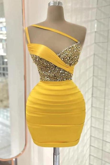 Sexy Yellow One Shoulder Mini Cocktail Gown Luxury Beading Sequins Short Prom Dress
