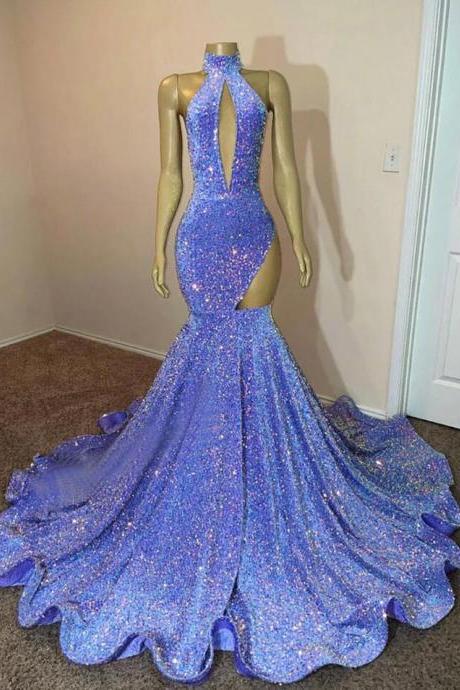 High Neck Sexy Mermaid Style Fitted Sequin Prom Dresses