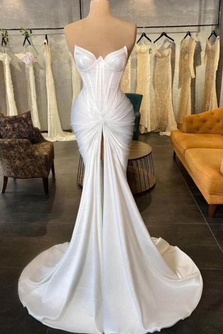 Elegant Side Split Ivory V Neck Evening Dresses 