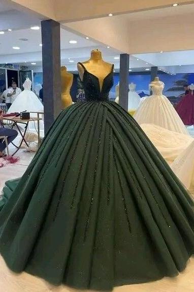 Vintage Green Ball Gown Tulle Prom Dresses With Sequin