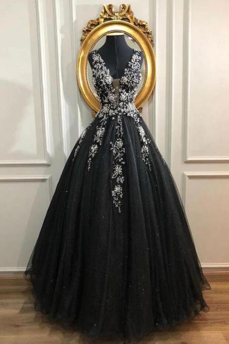 Black A Line V Neck Tulle Long Prom Dresses