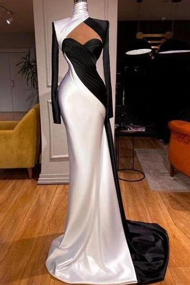 Classic Formal Black And White Mermaid Long Sleeves Sweetheart Prom Dresses