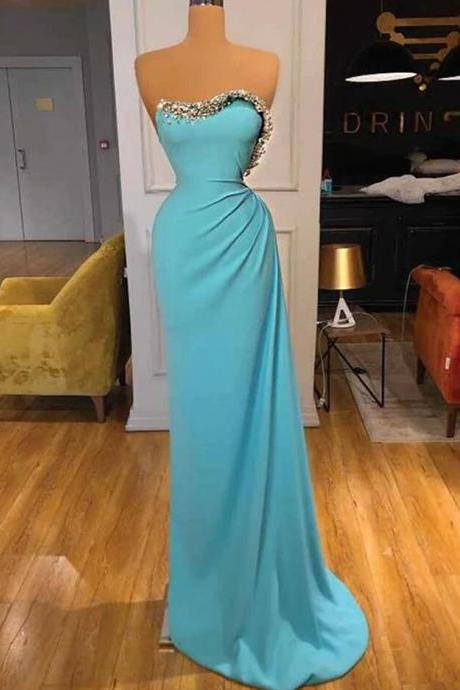 Sexy Strapless Beading Prom Dresses Sleeveless Simple Pleated Evening Dresses