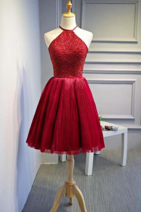 Red Halter Beaded Short Sequin Party Dresses