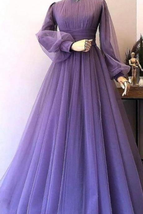 Elegant High Neck Vintage Long Sleeve Muslim Beaded Lace Purple Prom Gown