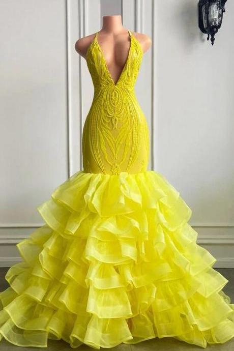A Line Yellow Long Lace Prom Dress With Ruffles
