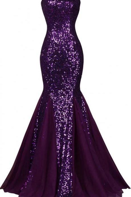 A Line Sequin Long Sparkly Dark Salmon Purple Evening Dress