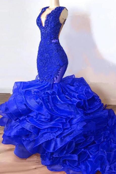Sexy Royal Blue Mermaid V-neck Sleeveless Ruffles Prom Dresses