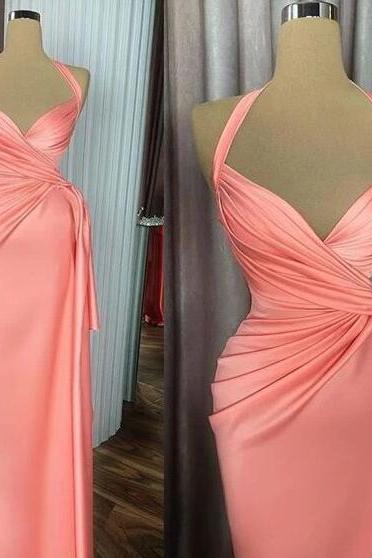Peach Halter Prom Dresses, Satin Evening Dresses