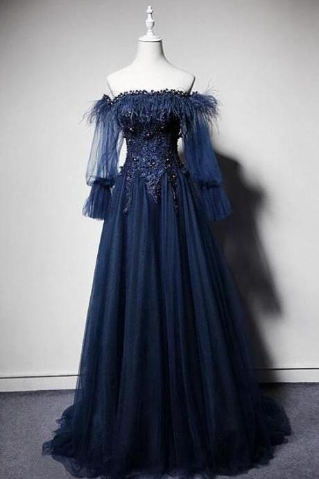 Elegant Navy Blue Tulle Lace Beading Off-shoulder Formal Evening Dresses