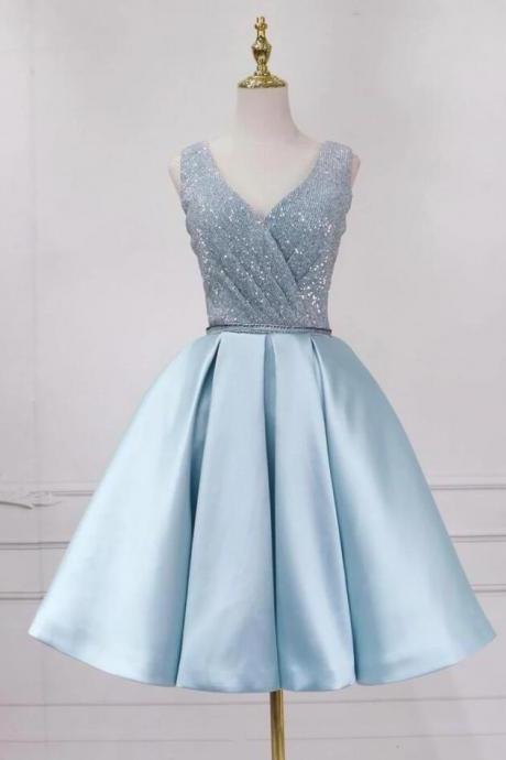 A Line Blue V Neck Sequins Short Prom Dress