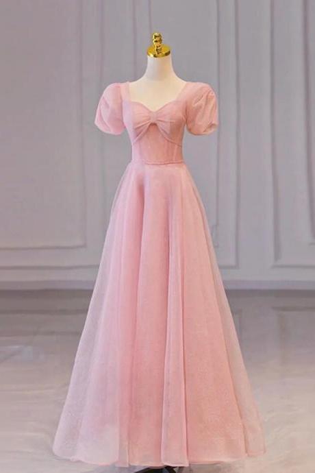 A Line Pink Tulle Long Prom Dress
