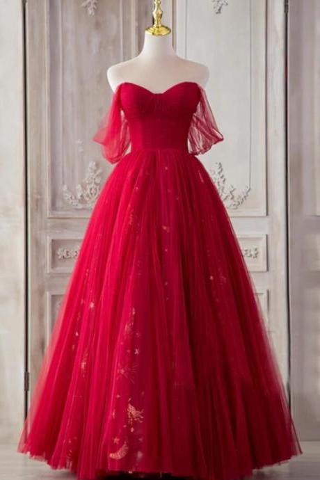 A Line Red Tulle Long Prom Dress Red Evening Dress