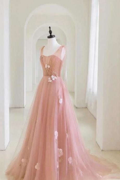 Mermaid Pink Tulle Applique Long Prom Dress