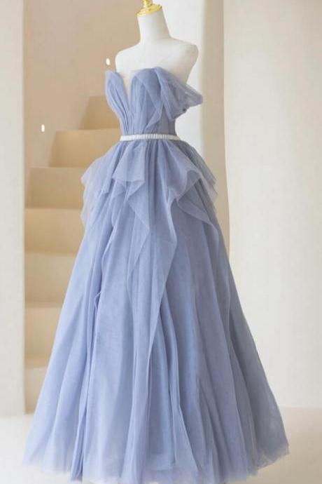 A Line Blue Tulle Long Prom Dress Blue Evening Dress