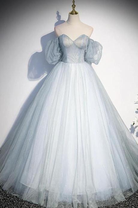 Ball Gown Blue Tulle Beads Long Prom Dresses