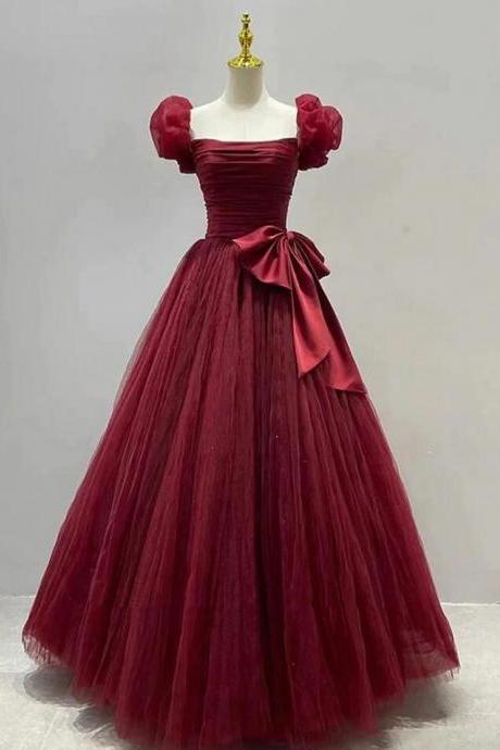 A Line Burgundy Tulle Long Prom Gown A Line Formal Dress