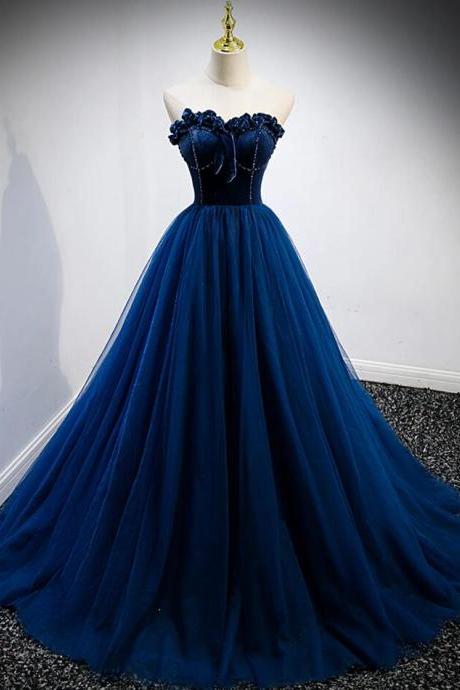 A Line Blue Velvet Tulle Long Prom Dress Evening Dress