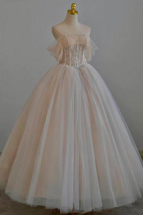 Ball Gown Champagne Tulle Beads Long Prom Dress
