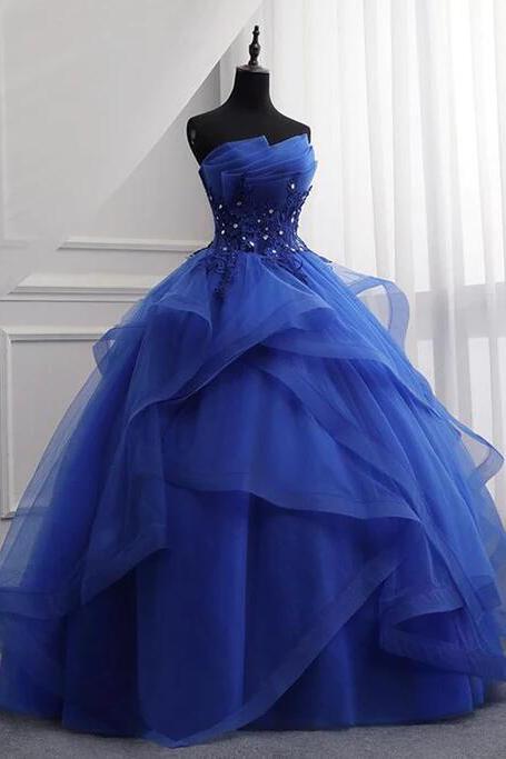 Ball Gown Blue Tulle Lace Long Formal Prom Dress
