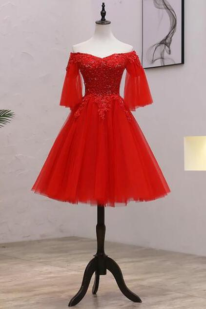 Cute Tulle Lace Red Short Prom Dress Homecoming Dress