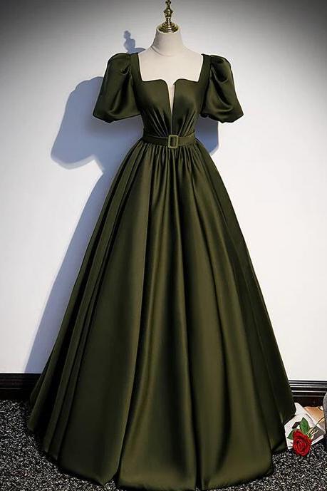 A-line Green Satin Long Prom Dress Evening Dress