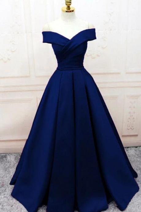 Off The Shoulder Navy Blue Long Prom Dresses