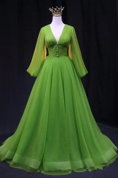 Simple Green V-neck Tulle Long Prom Dress