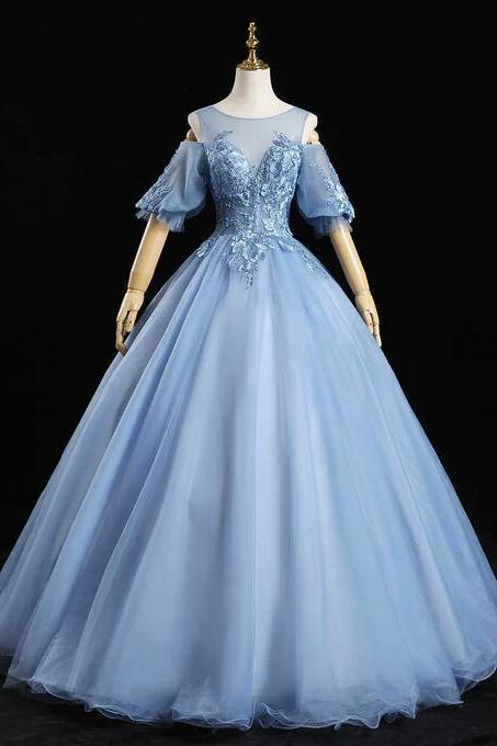 Off Shoulder Blue Tulle Lace Long Ball Gown Prom Dress