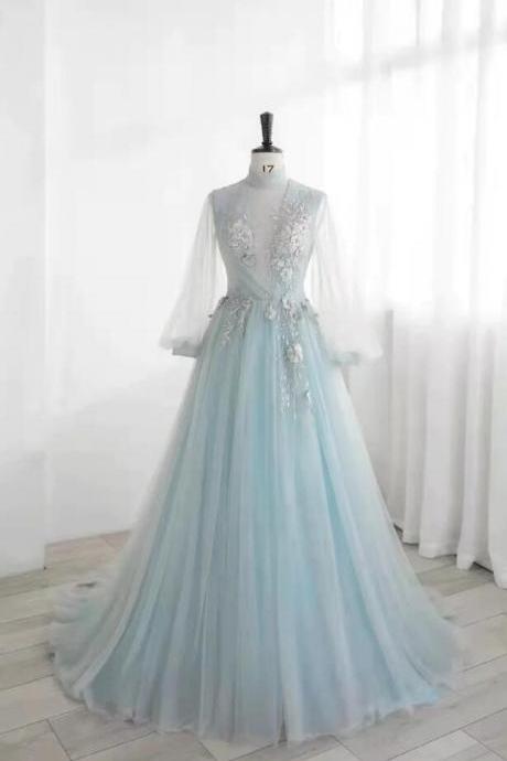 Elegant Pale Blue Tulle Appliques Prom Dresses
