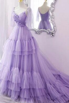 Lovely Purple Tulle Ruffled Prom Dresses