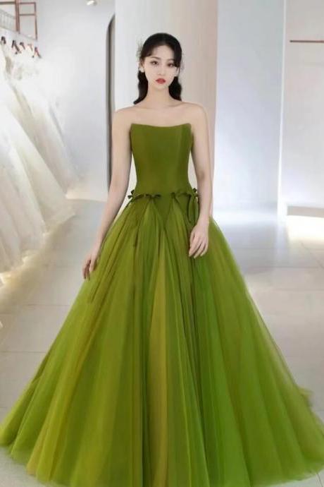 Lovely Avocado Green Satin A Line Tulle Prom Dresses
