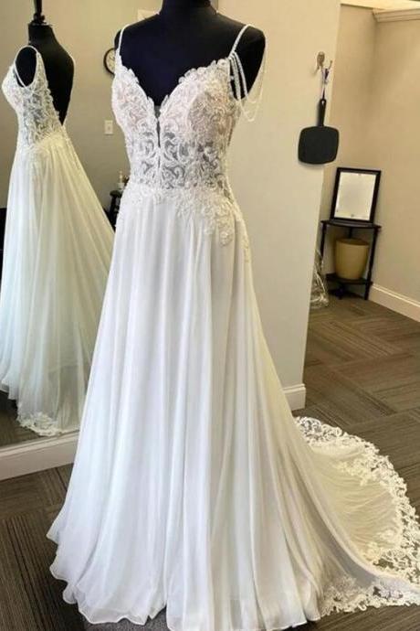A-line Popular V Back Formal Lace Long Wedding Dress