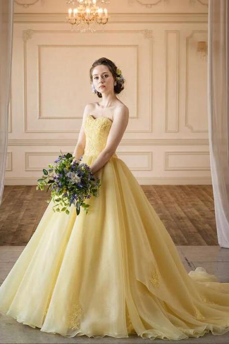 Sweetheart Mermaid Long A-line Yellow Prom Dresses With Lace