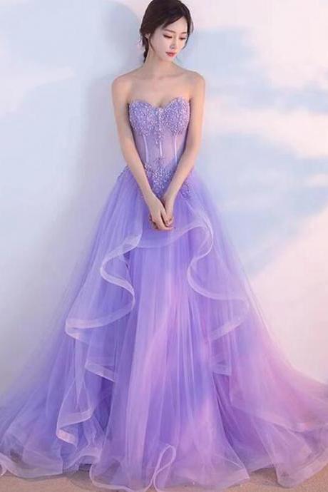 Strapless A-line Light Purple Prom Dresses Lace