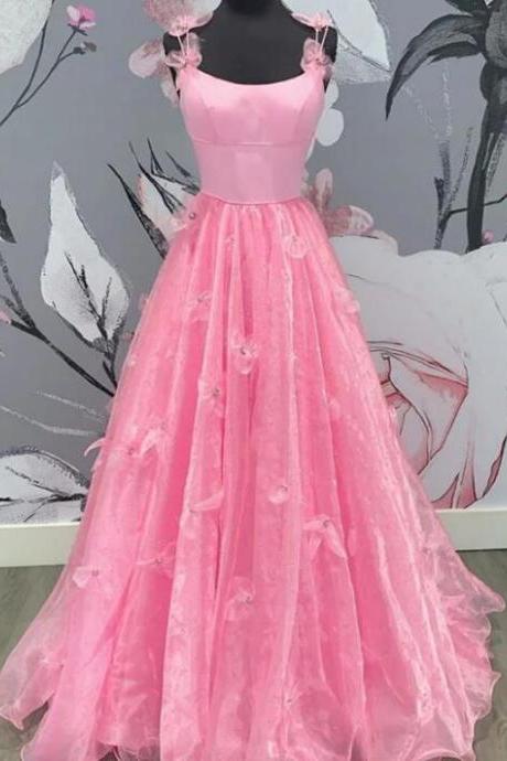 Stylish A Line Pink Color Appliques Long Prom Dresses