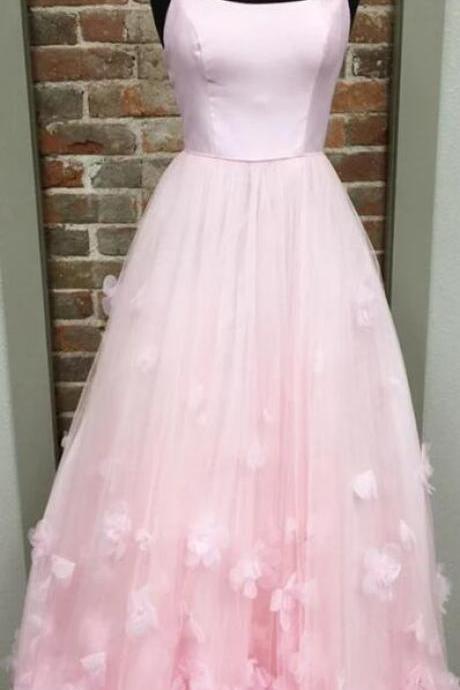 Light Pink Satin Tulle Prom Dresses 3d Floral