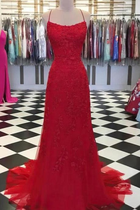 Sheath Square Neckline Red Tulle Sweep Train Prom Dresses