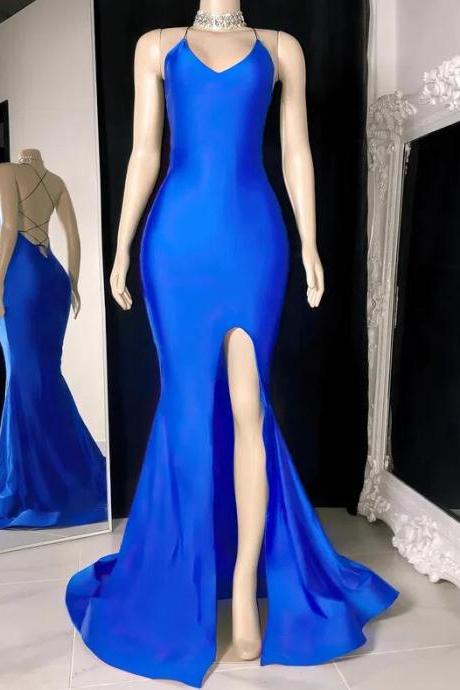 Royal Blue V-neck Jersey Sweep Train Prom Dresses With Split Front