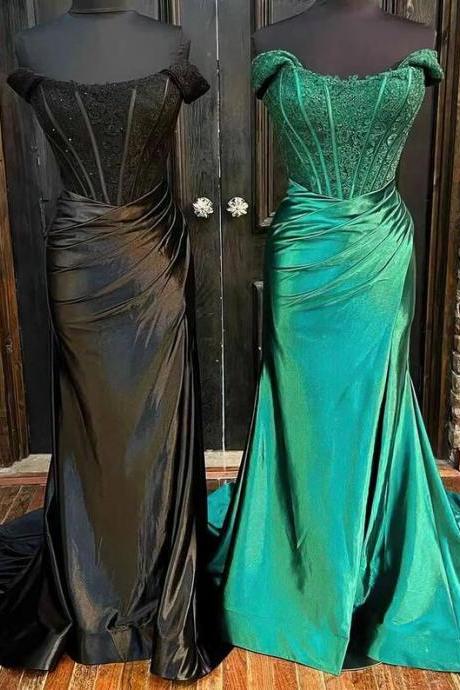 Off-the-shoulder Silk-like Satin Sweep Train Prom Dresses Appliques Lace