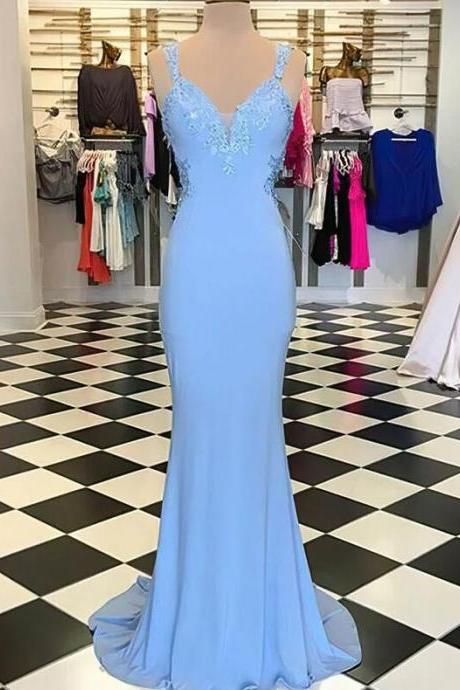 Sheath V-neck Jersey Sweep Train Appliques Lace Blue Long Prom Dresses