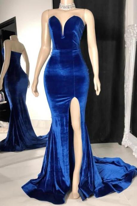 Simple V-neck Royal Blue Velvet Sweep Train Prom Dresses With Split Front