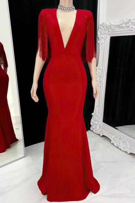 Sheath V-neck Stretch Crepe Floor-length Red Prom Dresses