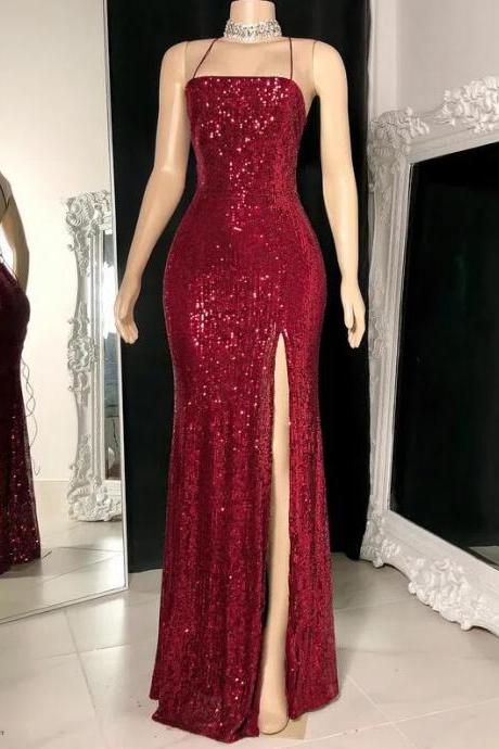 Floor-length Sequined Prom Dresses With Split Front