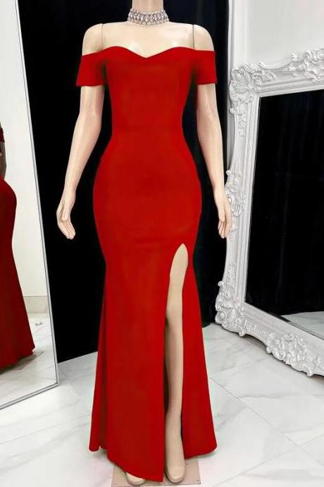 Off-the-shoulder Stretch Crepe Floor-length Red Prom Dresses With Split